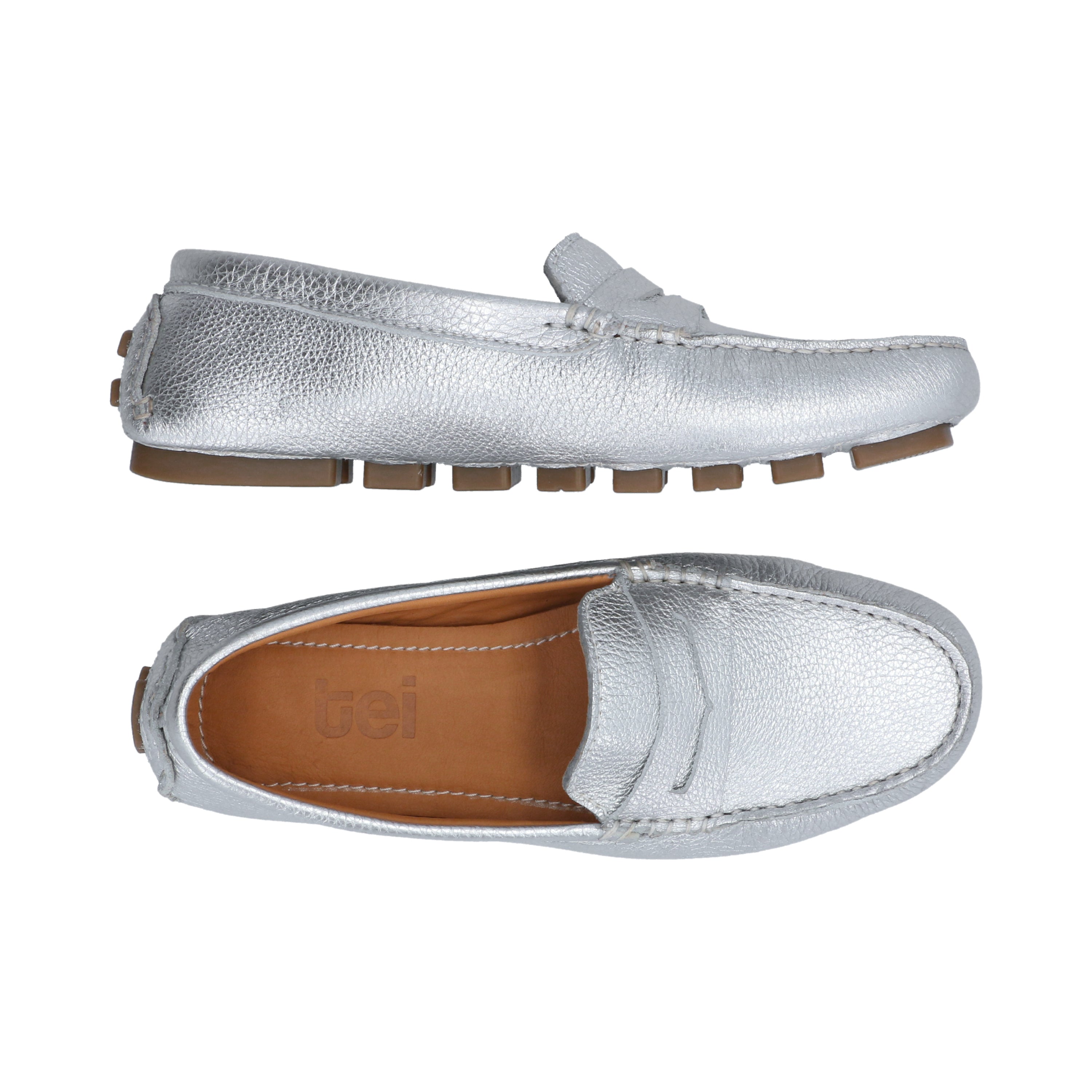 Mocasines Mujer Penny Cuero Metalizado Plateado Argenta