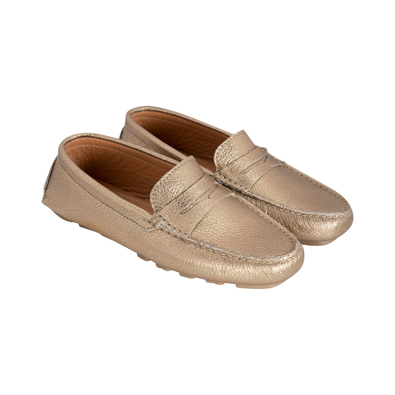 Mocasines Mujer Penny Cuero Metalizado Dorado Gold