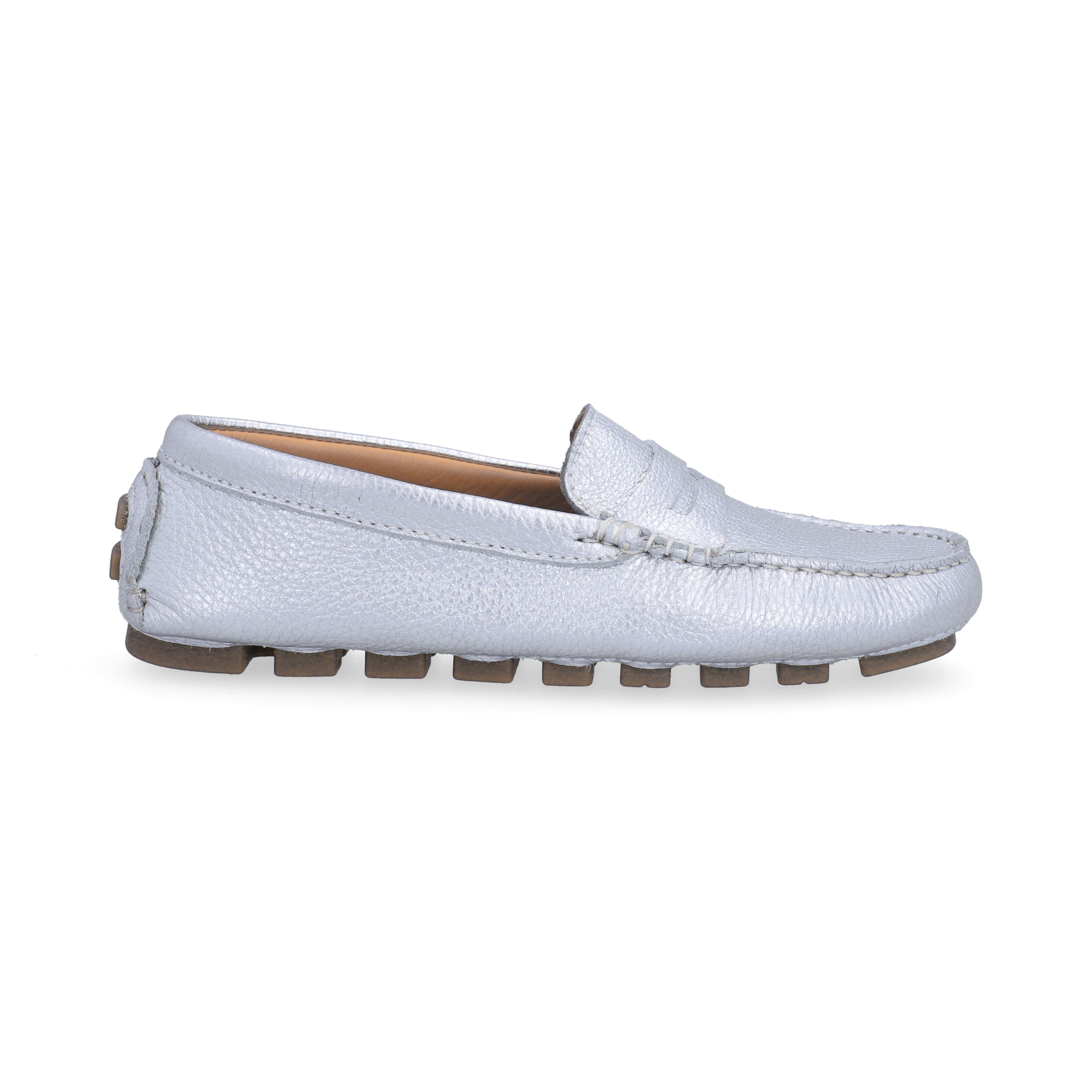 Mocasines Mujer Penny Cuero Metalizado Plateado Argenta