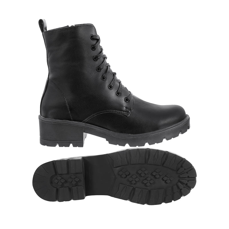 Botas Combat Mujer Cuero Liso Negro